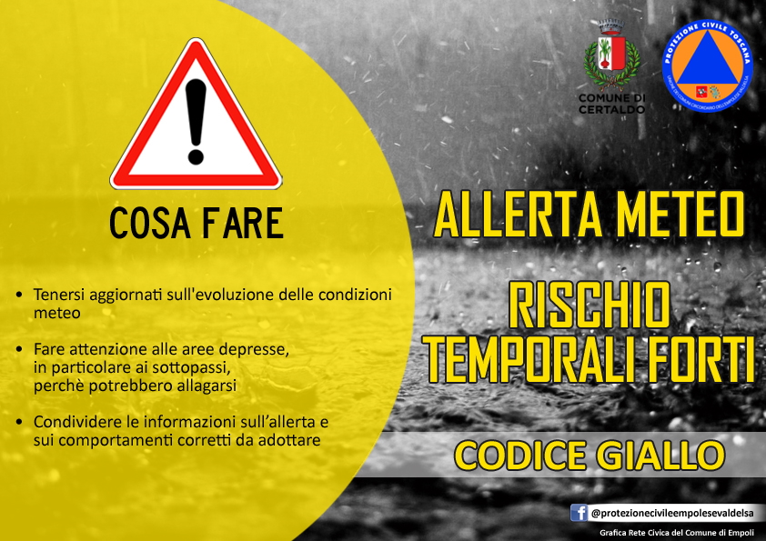 5 gennaio, allerta giallo per rischi idrogeologico e temporali forti