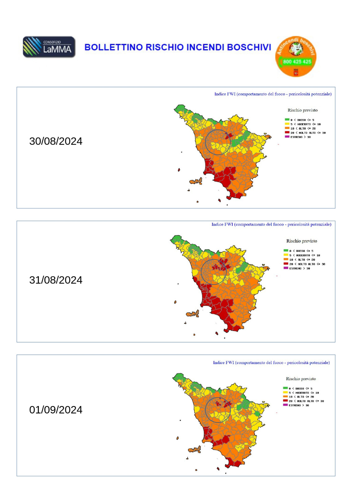 30 agosto - 1 settembre 2024, bollettino rischio incendi boschivi