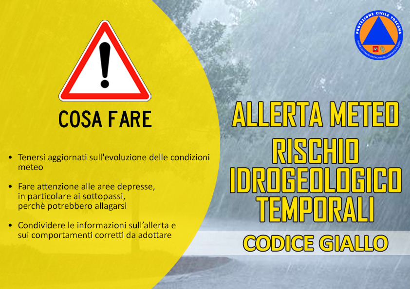 19 e 20 ottobre 2024, allerta giallo rischi idrogeologico idraulico reticolo minore e temporali forti