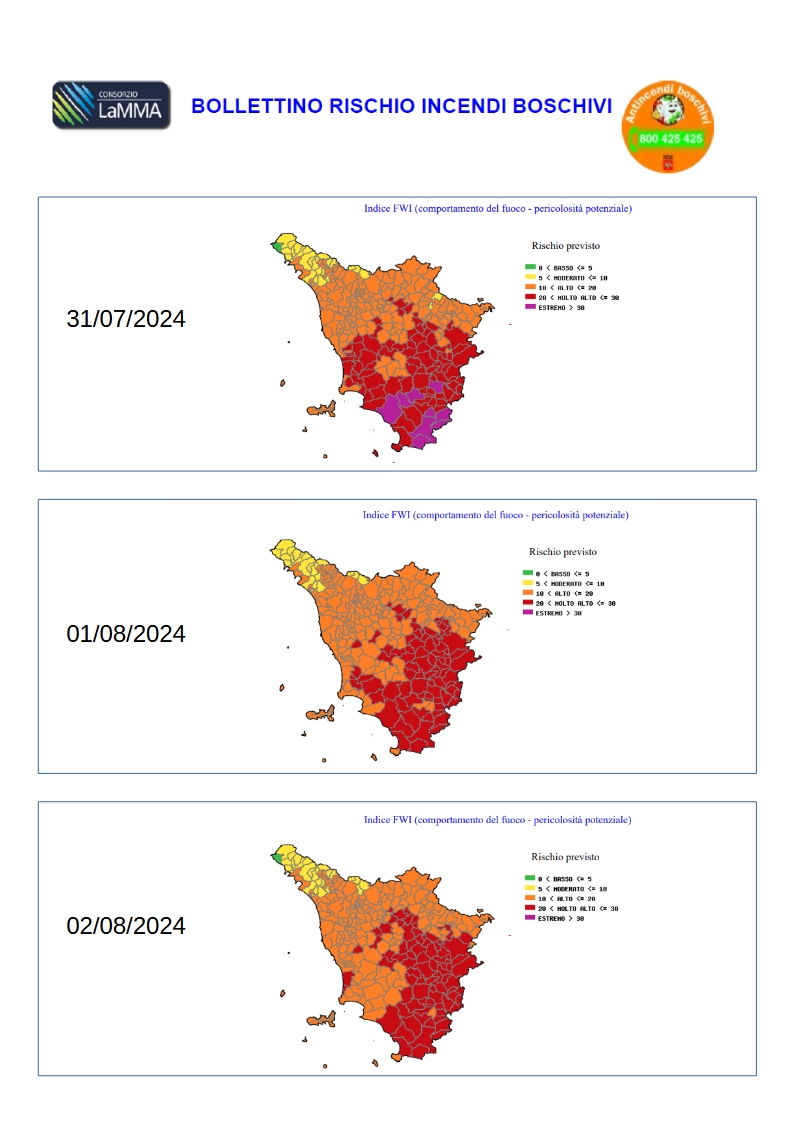 31 luglio - 2 agosto 2024, bollettino Rischio Incendi Boschivi