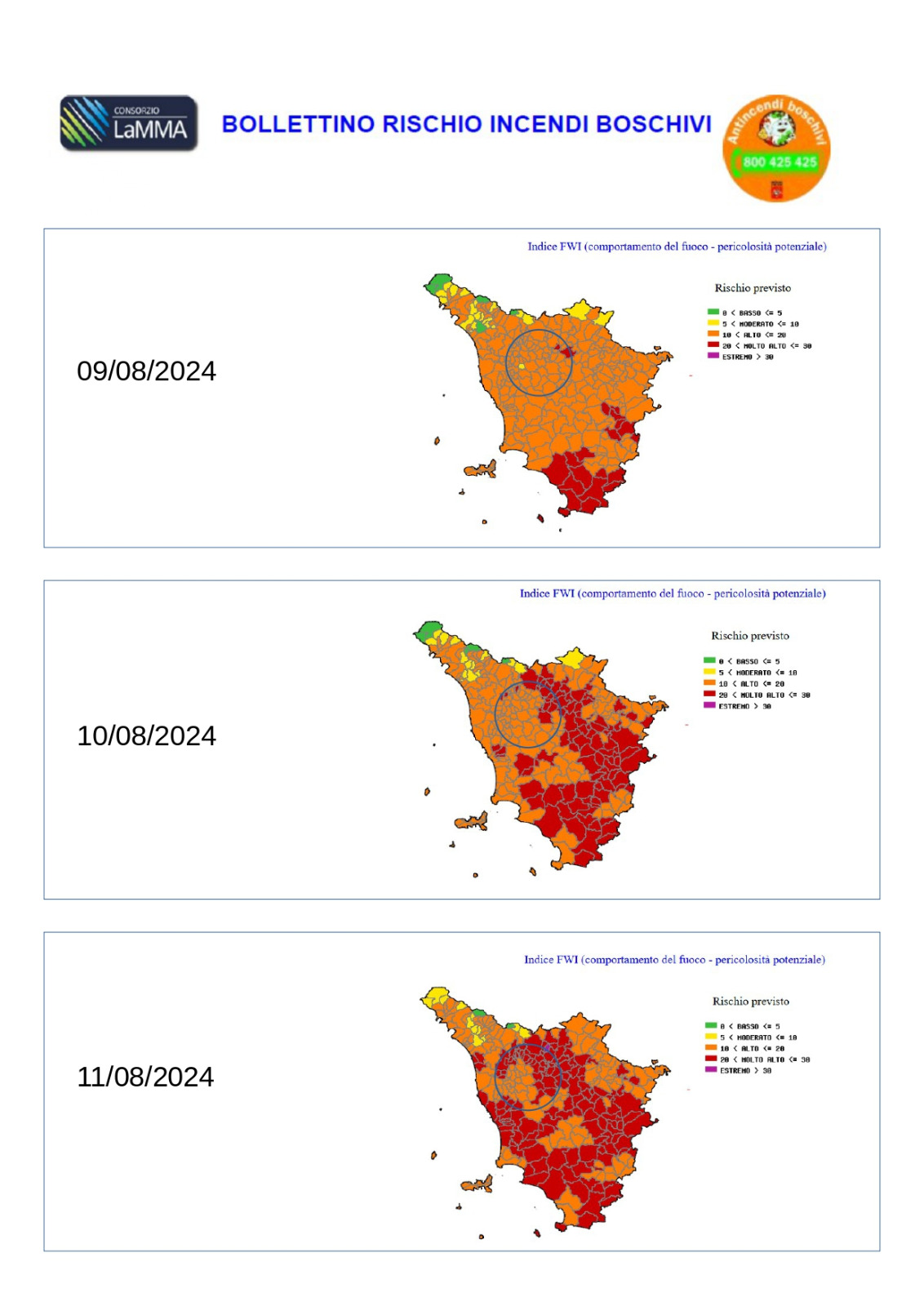 9-11 agosto 2024, bollettino rischio incendi boschivi