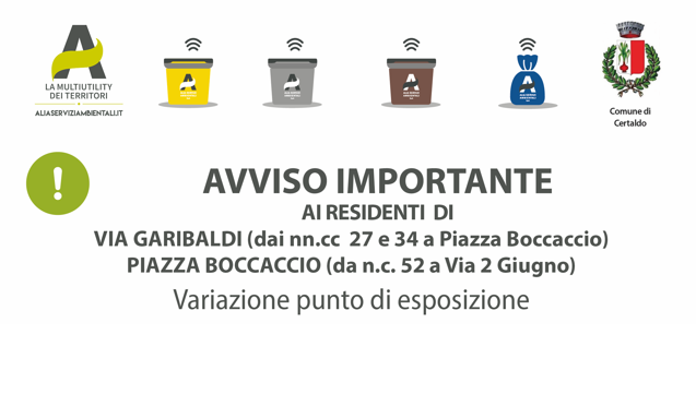 Variazione temporanea punto di esposizione dei contenitori porta a porta in Borgo Garibaldi e Piazza Boccaccio