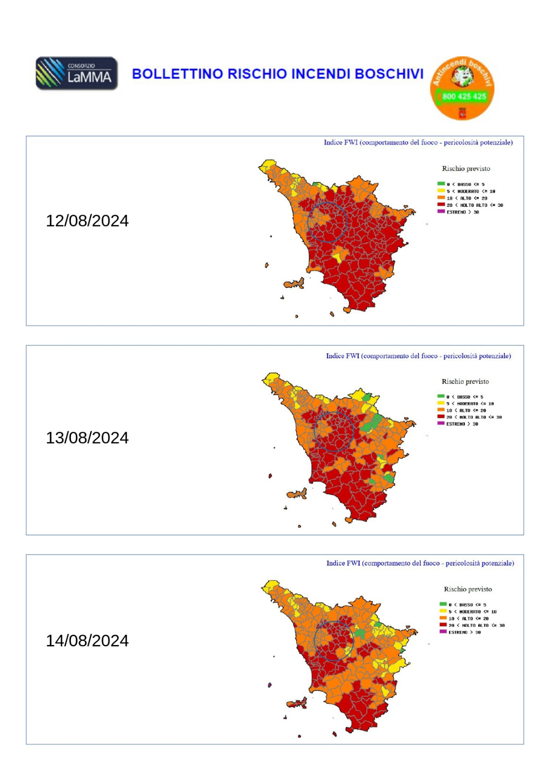 12 - 14 agosto 2024, bollettino Rischio Incendi Boschivi